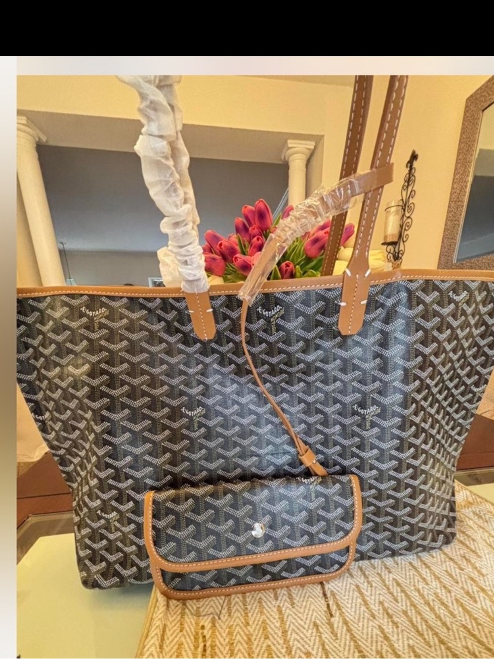 Classic Black Patterned Tote with Tan Trim and Pouch